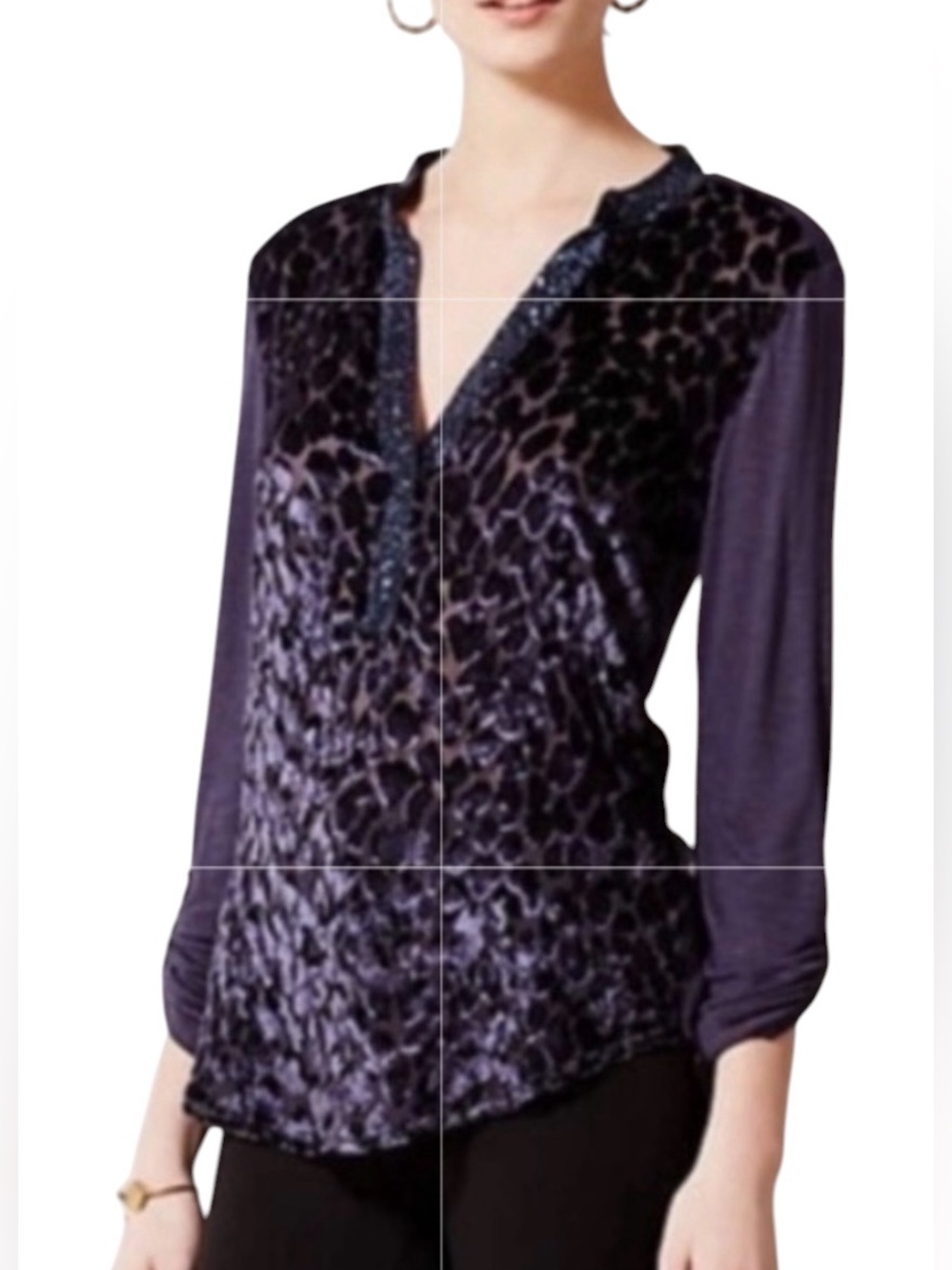 TINY | Deep Purple Velvet Vaha Burnout Leopard Print V-Neck Henley Top size M